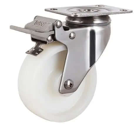 40mm Caster Wheel - Plate w/ Brake Stainless Steel Nylon with precision ball bearing and durable nylon tire.