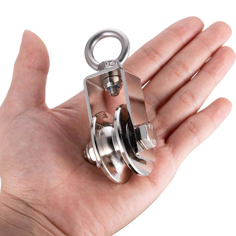 40mm Cable Pulley Wheel, Bearing Inside, held in hand, showing size, made of 45# steel with nickel finish for gym and DIY projects