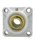 Front view of 40mm set-screw zinc insert with white 4-bolt plastic wide-flange housing, single pillow block unit for shaft support.
