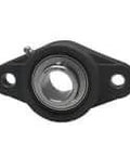 Front view of 40mm Stainless Set-Screw Flanged Unit with 2-Bolt Black Plastic Housing, Sealed Ball for Linear Slide Unit and Shaft Support