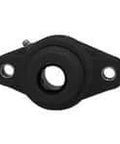 Front view of durable 40mm stainless narrow set screw clamp in a black finish, two-bolt plastic body with open cover and back seal.
