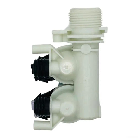 Three Way Water Inlet Valve Solenoid Control For Laundry Machines Built To Last No Fuss Plastic And Metal Construction Fast Precise Flow Switching For Reliable Everyday Appliance Performance. White plastic three-way laundry water inlet valve solenoid, side view, threaded ports