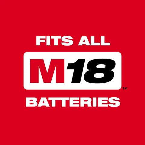 Fits all M18 batteries graphic, white text on red background, emphasizing compatibility with Compact Half Inch Impact Wrench.
