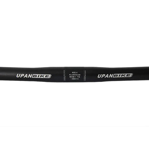 Close-up of Kids' Bike Handlebar 25.4mm Diameter 460mm Length Flat Bar Black Replacement with branding visible on the steel surface.