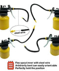 JUNCHI hand pump oiler with yellow body, black pump head, and long flexible spout; four views.
