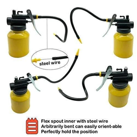 JUNCHI hand pump oiler with yellow body, black pump head, and long flexible spout; four views.