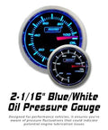 Front view of two Prosport 2-1/16-inch blue/white oil pressure gauges with sender units