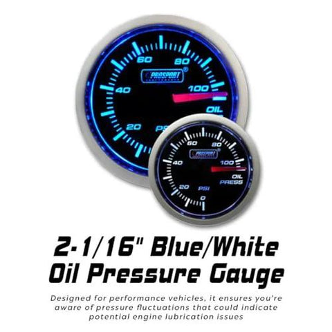 Front view of two Prosport 2-1/16-inch blue/white oil pressure gauges with sender units