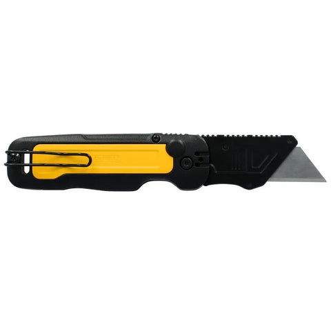 Push And Flip Folding Utility Knife With One-Handed Operation, Secure Blade Lock, Quick Change Lever for tough jobsites, side view