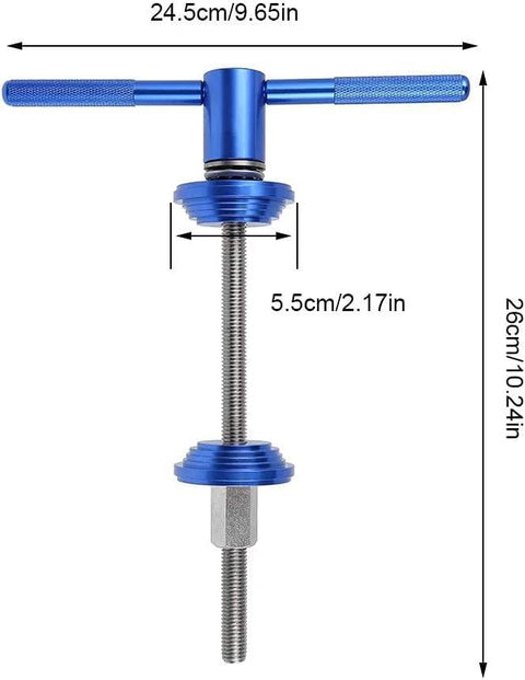 Blue bicycle headset press tool with T-handle, threaded rod and cup adapters