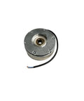 Forklift electromagnetic brake, front view, round metal housing with wiring, model 03-214A.