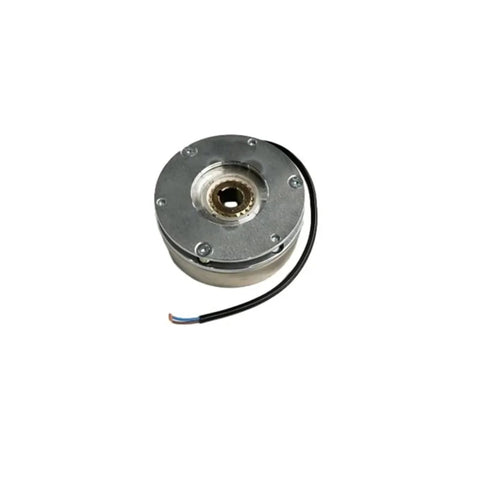 Forklift electromagnetic brake, front view, round metal housing with wiring, model 03-214A.