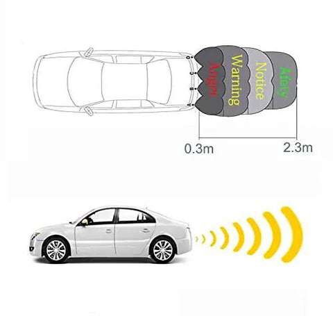 Diagram showing Reverse Parking Radar System With Four Rear Sensors, LCD Display, Beep Voice Alerts Or Mute, Four Light Bar Distance Indicators, 22mm Double-Angle Sensors, Parktronic Style Back Up Assist Kit in action behind a car with distance indicators.