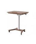 No Drama Roll Mobile Standing Desk Featuring Smooth Gas Lift Adjustments And A Tilt Tray Top Portable Laptop Desk in light wood and white.