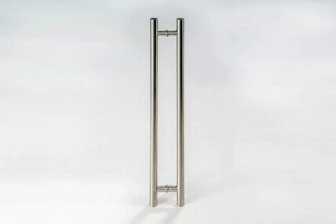 36-Inch Dope Modern Stainless Steel Door Handles In Brushed Nickel Finish With Solid Mounting Standoffs For Interior And Exterior Doors Push-Pull Door Bar For Commercial Or Barn Doors Round Shape. Front view of 36-inch brushed nickel stainless steel door pull handle