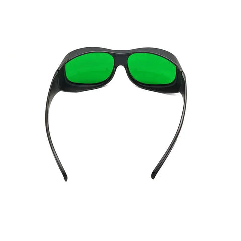 Hella Super Slick Dual Wave Laser Blocking Shades For Red And Infrared Beams Wavelengths Od3 Plus And Od5 Plus in black frame with green lenses.