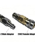 23-2 Male Adapter and 2302 Female Adapter for air compressor connections, metal construction, essential for quick connect.