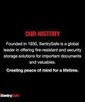 SentrySafe history and mission statement, emphasizing security and fire-resistant storage since 1930 for documents and valuables.
