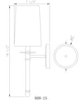 Technical line drawing of One Light Wall Sconce 808-1S-RB-WH Brass Finish with measurements, showcasing sleek linear silhouette.