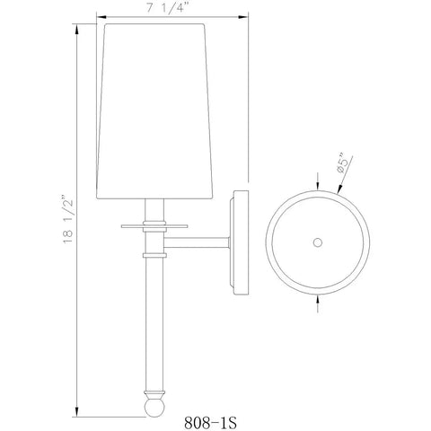 Technical line drawing of One Light Wall Sconce 808-1S-RB-WH Brass Finish with measurements, showcasing sleek linear silhouette.