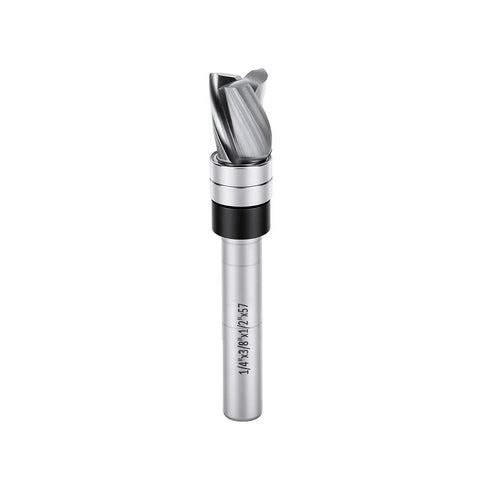 Heavy Duty Carbide Flush Trim Router Bit With Top Bearing Guide For Sleek Wood Trimming And Slotting Jobs 3/8 Inch Diameter Blade 1/4 Shank 3 Flute Design, showing a close-up of the bit.