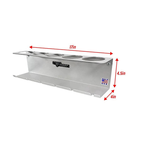 Front view of Pneumatic Tool Holder And Aerosol Rack Combo Wall Mount for Garage and Trailer, holds five cans with six slots, dimensions labeled