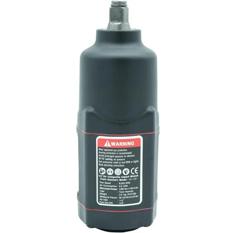 Half Inch Drive Air Impact Wrench With 20 Piece Socket Set, featuring twin hammer build and safety warning label.