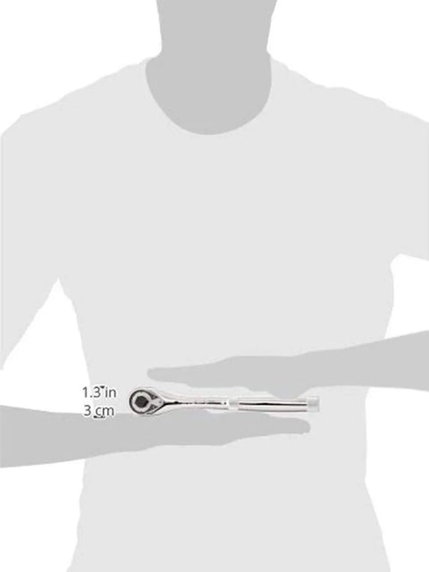 Person holding Pear Head Ratchet With 45-Tooth Gear Built Tough For Tight Spots Three Eighth Inch Drive Eight And A Half Inch Reach