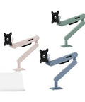 One Piece Height Adjustable Wall Mount Monitor Arm With Ultra Smooth Extendable Arms in three colors for varied desk setups.