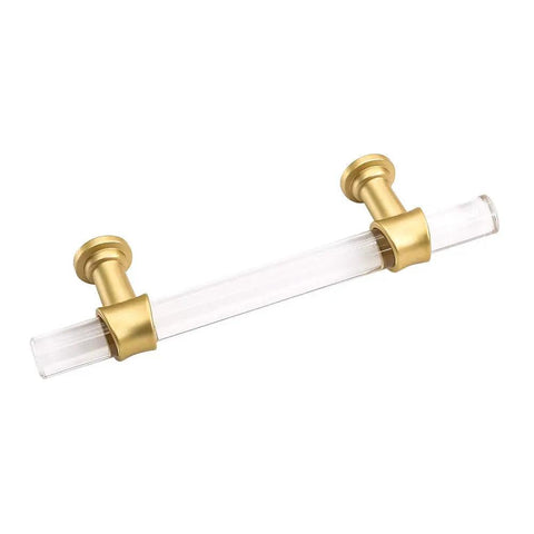 Acrylic Drawer Pulls Set in Gold Brushed Brass Finish for Cabinets and Dressers, T Bar Go To Cabinet Hardware With Zinc Alloy Base
