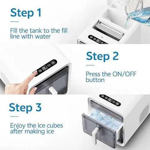 Savage Compact Nugget Ice Maker Countertop Speed Demon Slays 12 Pieces In Just 10 Minutes showing step-by-step instructions for use.