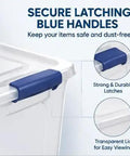 Secure latching blue handles on a Heavy Duty 105 Quart Storage Bin With Secure Snap Latches And Clear Base for organization.