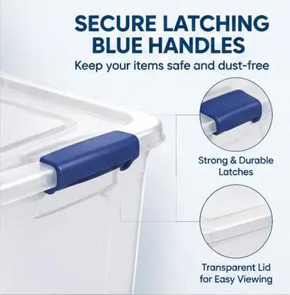 Secure latching blue handles on a Heavy Duty 105 Quart Storage Bin With Secure Snap Latches And Clear Base for organization.