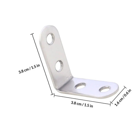 Close-up of single L Shaped Corner Brackets Set 18 Pieces Stainless Steel Right Angle Shelf Braces for furniture use