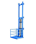 Heavy Duty Electric Lift Table And Hydraulic Platform With Remote Control For No Sweat Material Moving Up To 1000kg Capacity blue lift table with safety rail and vertical frame.