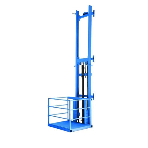 Heavy Duty Electric Lift Table With Wireless Remote Control Smooth Operator Hydraulic Platform For Shop Or Warehouse Handles Up To Two Thousand Two Hundred Pounds, blue lift with safety rails.