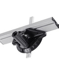 Adjustable Black Aluminum Table Saw Miter Gauge Fence Sled Offering Slick Offset Runs For Razor Sharp Chamfer Cuts And Dead Simple Workpiece Feed On Any Shop Rack, top view with adjustable angle.