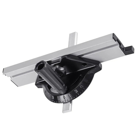 Adjustable Black Aluminum Table Saw Miter Gauge Fence Sled Offering Slick Offset Runs For Razor Sharp Chamfer Cuts And Dead Simple Workpiece Feed On Any Shop Rack, top view with adjustable angle.