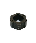 Electromagnetic brake disc, black round metal housing with central shaft bore and mounting holes