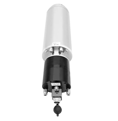 Badass 7.5Kw Water Cooled Cnc Spindle Motor For Bt30 Wood Router Engraver And Heavy Duty Milling Machine Ridiculous Torque Liquid Cooling System Easy Wire Up, top view with silver and black casing.