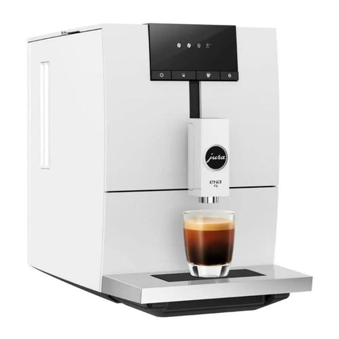 Lock In The Ultimate Morning Perk Up With This Factory Refurbished Automatic Coffee Machine In Sharp Nordic White with a cup of coffee.