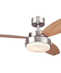 Alloy 42 Inch Ceiling Fan With LED Light Kit, Brushed Nickel Finish, Reversible Beech And Wengue Blades, Down Rod Only, close-up view.