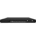 Top Shelf One U Rackmount Firewall Box Running Intel Core I7 9700 With Eight Gigabit Lan Ports And Dual 10G Uplinks Nailed Down For OPNSense Networks Rock Solid Performance Ready To Roll Out Barebone Model, front view showing ports.