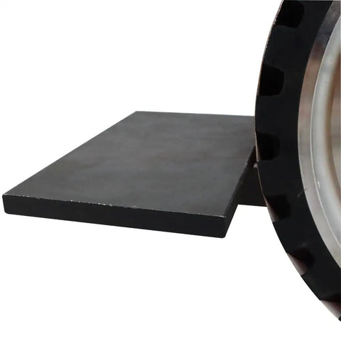 Close-up of flat dressing platen for Badass 2X72 Inch Variable Speed Belt Sander And Multi Angle Vertical Horizontal Grinder For Knife Polishing With Three Abrasive Wheels And Rock Solid Base 110V 2840 RPM Shop Staple.