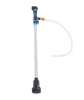 No Fuss Cordless Stick Water Transfer Pump With Heavy Duty Aluminum Frame For Swift Basement Flood Relief And Crawl Space Drainage Battery Powered Straight Shooter Tool, showing long handle and hose.
