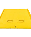 Tough As Nails Heavy Duty 84 By 96 Inch Shipping Container Loading Ramp With Fold Down Loop Flips and Safety Chain Forklift Ready 15000 Pound Capacity yellow steel deck top view.