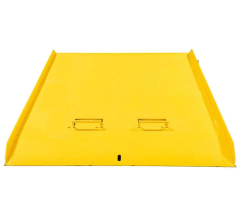 Tough As Nails Heavy Duty 84 By 96 Inch Shipping Container Loading Ramp With Fold Down Loop Flips and Safety Chain Forklift Ready 15000 Pound Capacity yellow steel deck top view.