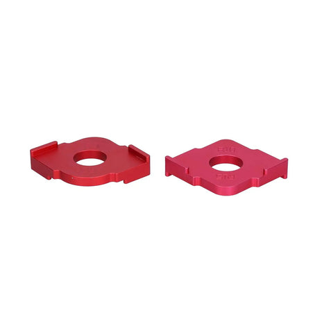 Built Like A Boss Two Piece Jig Router Template Set Engineered For Smooth Woodworking Arcs Featuring Dang Tough R10 R15 And R20 R30 Aluminum Radius Guides showing two red aluminum router template plates.