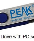 Peak USB flash drive with blue body and metallic swivel cap lying at an angle for PC software inclusion