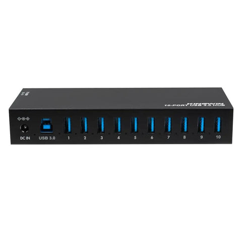 Front view of Industrial USB 3.0 Hub With 10 Ports, Heavy-Duty Metal Mountable Design, Power Adapter Included, 5Gbps SuperSpeed Splitter